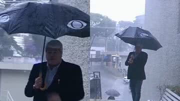Datena se molhou ao fazer um link ao vivo no Brasil Urgente e ver seu guarda-chuva quebrar - Reprodução/Band