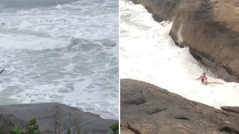 Turistas são levados por onda gigante enquanto posavam para selfies em rocha - Reprodução/Twitter