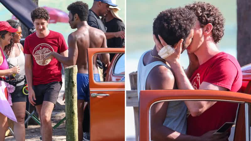 Os atores Ícaro Silva e Johnny Massaro trocaram beijos durante a gravação de uma série em uma praia no Rio de Janeiro; veja - Reprodução/AgNews