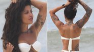 Aline Campos é flagrada na praia com biquíni branco e exibe piercing indiscreto - Dilson Silva/ AgNews
