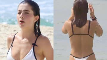 Parou tudo! Jade Picon desfila corpão de biquíni branco molhado na praia - AgNews/Fabricio Pioyani