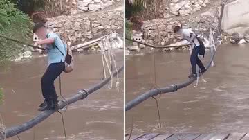 Crianças usam cano para atravessar rio infestado com jacarés e ir à escola - Reprodução/X