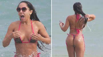 A modelo e ex-funkeira Renata Frisson, a Mulher Melão, leva 'caldo' e quase perde biquíni em praia do Rio de Janeiro; confira imagens - Reprodução/AgNews