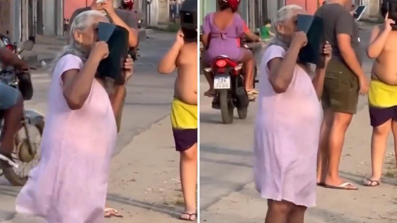 Senhora viraliza ao aparecer na rua usando raio-X para tentar ver eclipse - Reprodução/X