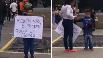 Menininho com cartaz pedindo abraços comove pedestres na Paulista - Reprodução/Instagram