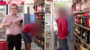 Impossível! Homem tenta furtar bebida durante reportagem sobre roubo em mercado - Reprodução/Record TV