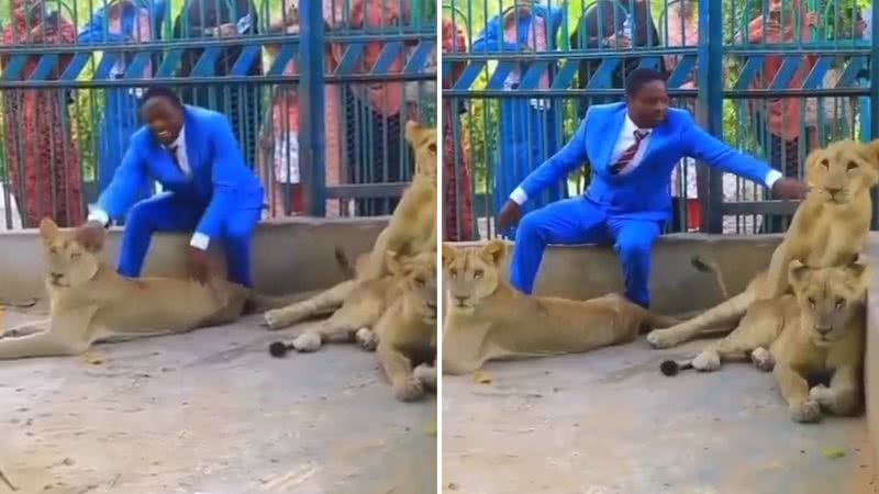 Suposto pastor se tranca em jaula com leões para provar poder divino - Reprodução/Twitter