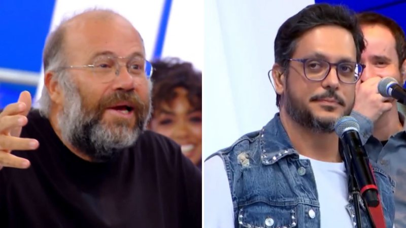 O apresentador Marcos Mion descobriu uma 'briga' entre os artistas durante seu programa; confira a 'reconciliação' do ator e músico no Caldeirão - Reprodução/TV Globo