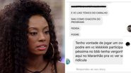 Ex-BBB Lumena expõe mensagens em que é xingada de "fedida" e "podre" e pede fim dos ataques: "Me deixem em paz" - Reprodução/TV Globo