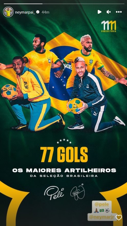 Mesmo sem a chance do hexa, pai de Neymar comemora gol histórico: "Os maiores artilheiros"