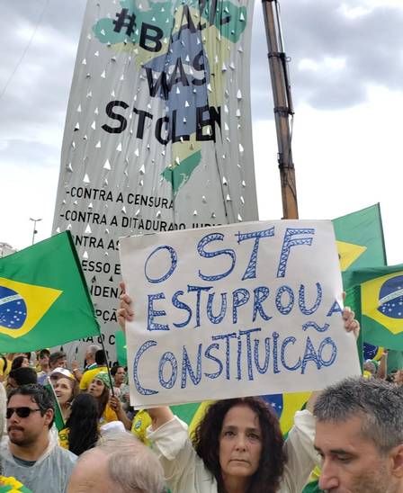 Andrea Richa aparece com o cartaz escrito "O STF estuprou a Constituição" 