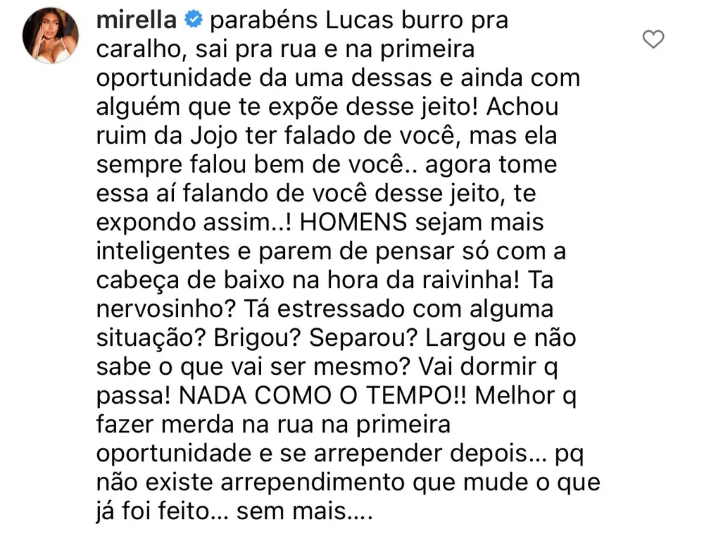Comentário de MC Mirella feita em um Instagram de fofoca, detonando ex-marido de Jojo Todynho por ficar com Liziane