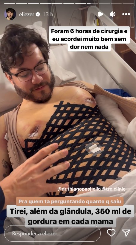 Ex-BBB Eliezer fica surpreso com resultado de cirurgia nas mamas: "Bem maior"