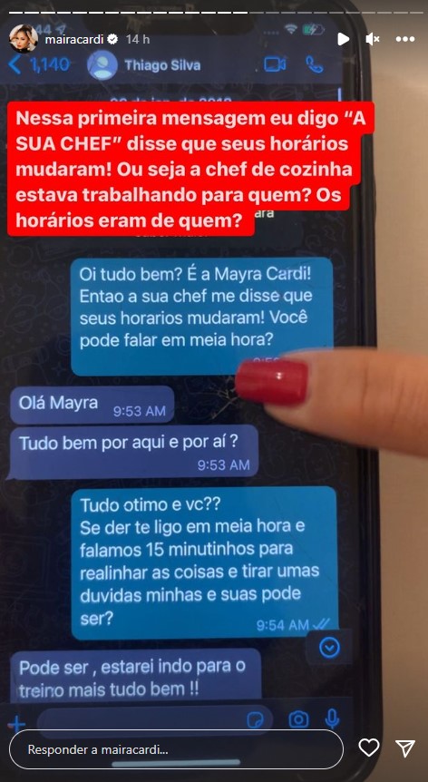 Prints conversa Maíra Cardi Thiago Silva