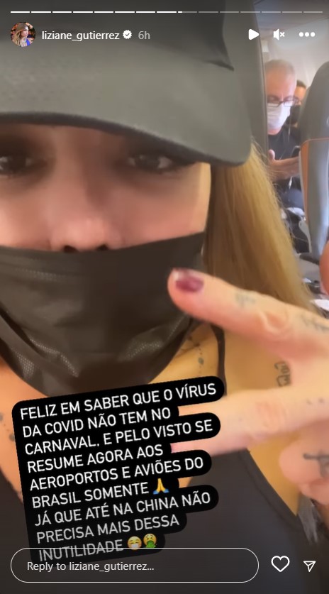 Ex-A Fazenda Liziane Gutierrez surta em avião por uso de máscara: "Inutilidade"