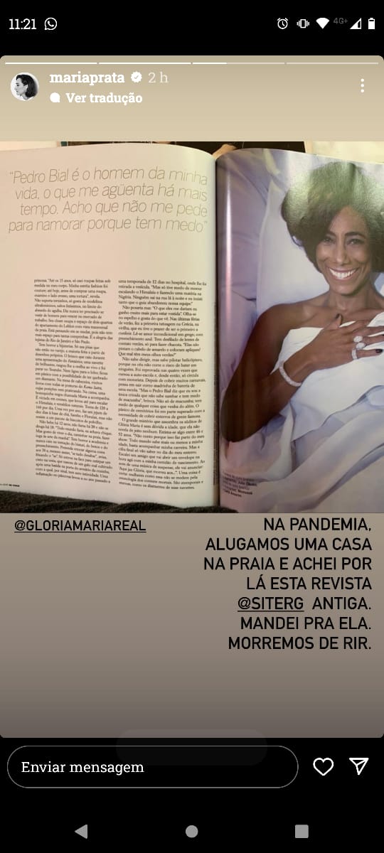 Maria Prata mostra revista em que Glória Maria se declara para Pedro Bial