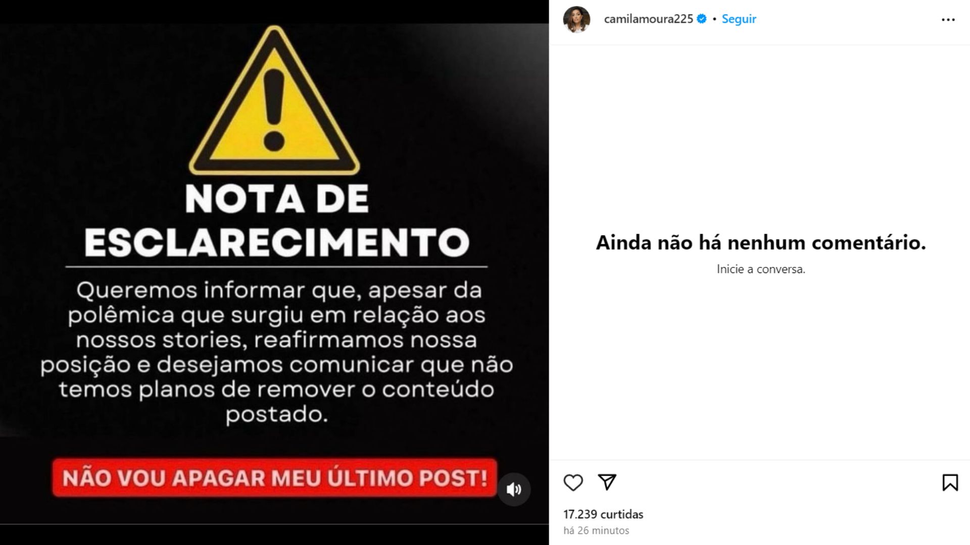 Golpista faz nota de esclarecimento em rede social de Camila Moura, ex de Lucas Buda