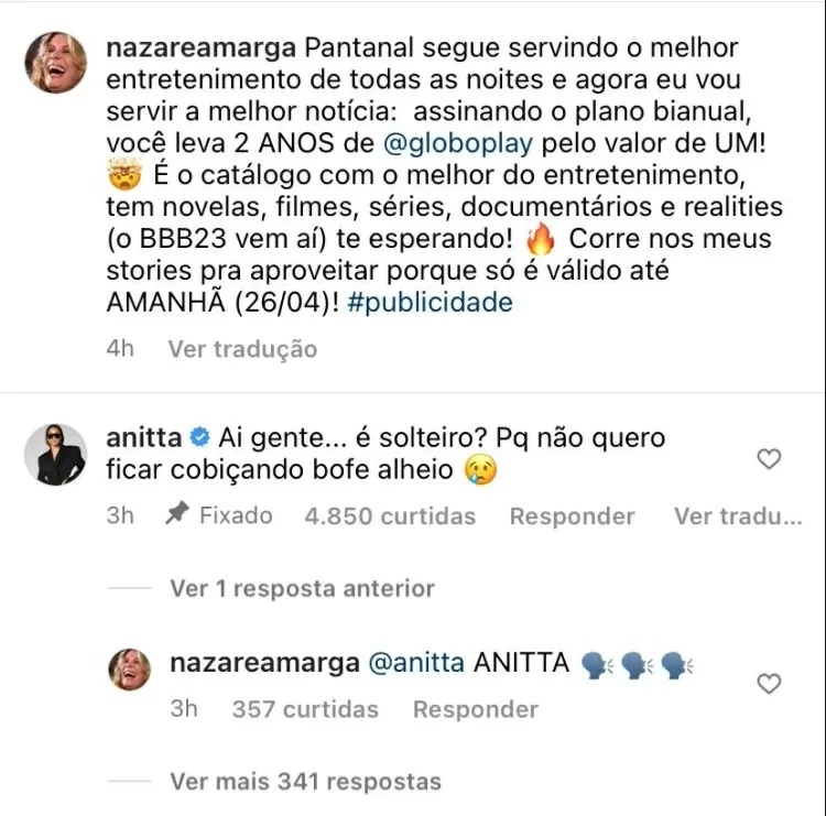 Anitta quer saber se Murilo Benício está solteiro