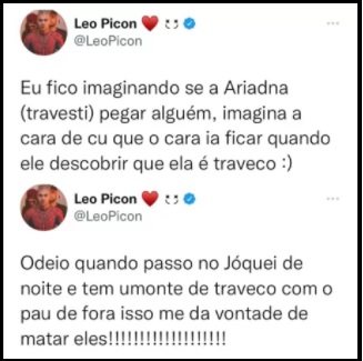 Ariadna expõe comentários de transfóbicos de Léo Picon