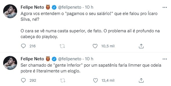 Felipe Neto diz que Tiago Leifert "odeia pobres" e dispara: "Se acha superior"