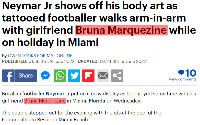Climão! Namorada de Neymar é confundida com Bruna Marquezine em Miami