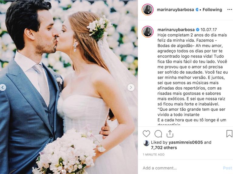 Marina Ruy Barbosa comemora o aniversário de dois anos de casamento