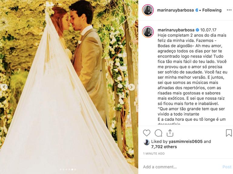 Marina Ruy Barbosa comemora o aniversário de dois anos de casamento