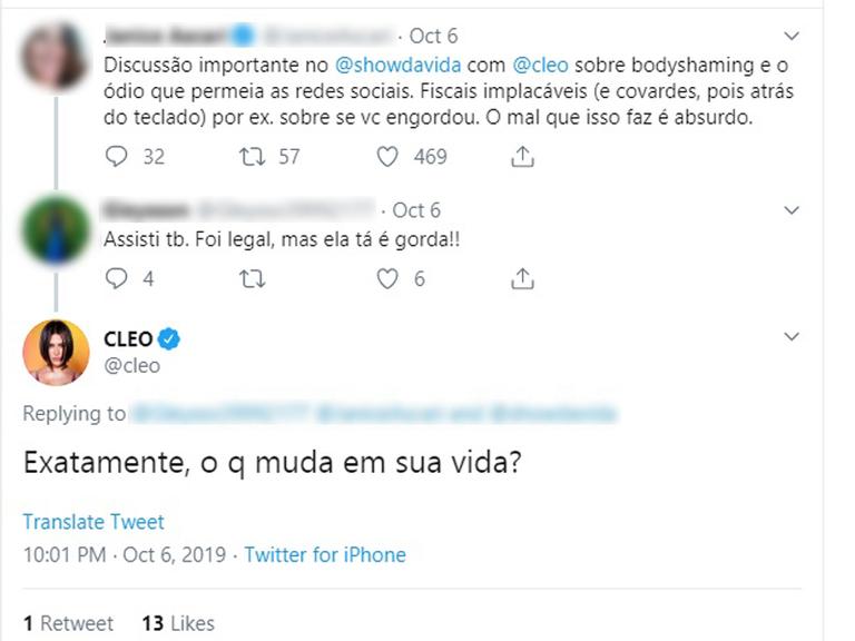 Cleo rebate comentário maldoso nas redes