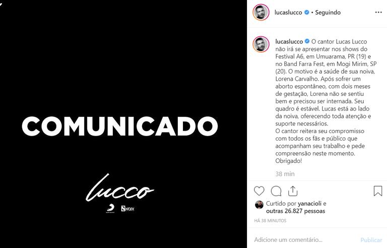 Lucas Lucco cancela shows para cuidar da noiva, Lorena Carvalho, que está internada