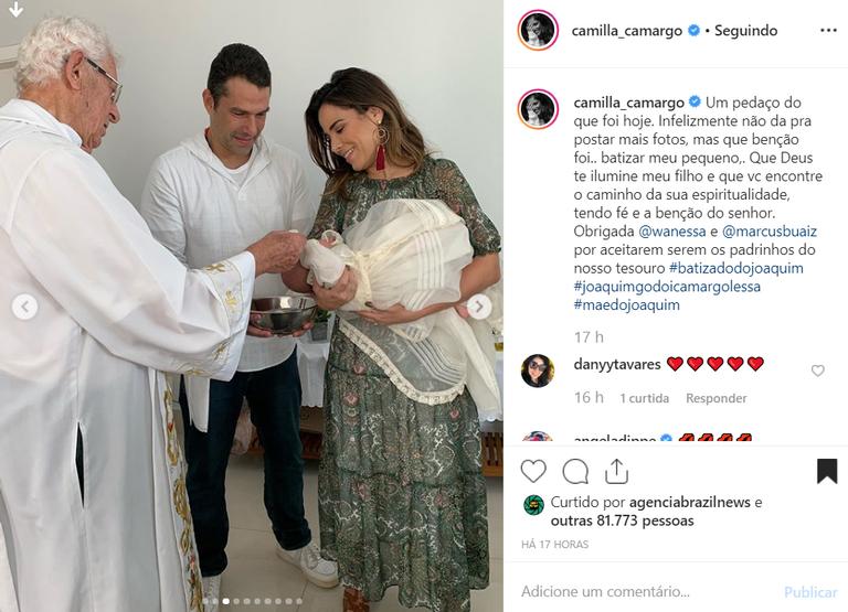 Camilla Camargo registra encontro familiar no batizado de seu filho, Joaquim
