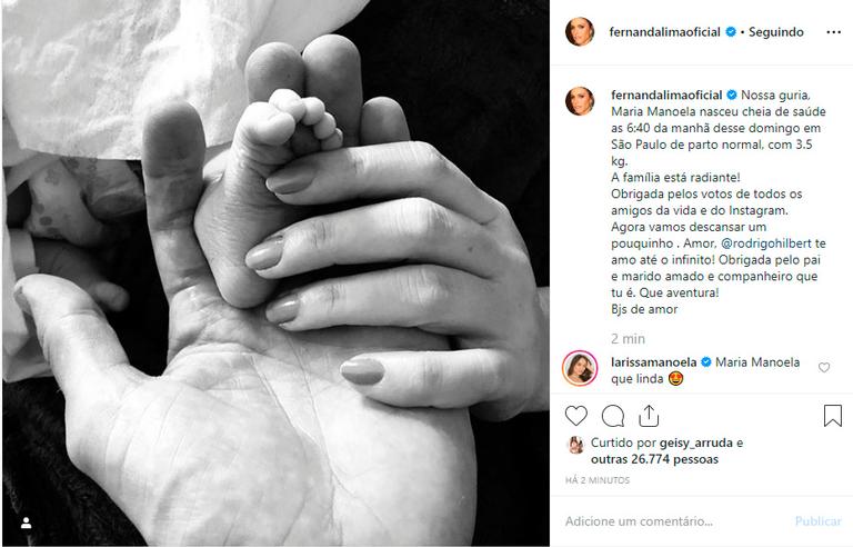 Fernanda Lima anuncia nascimento de Maria Manoela