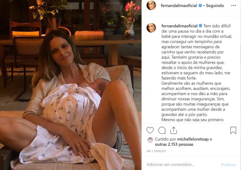 Fernanda Lima surge pela primeira vez com a filha recém-nascida