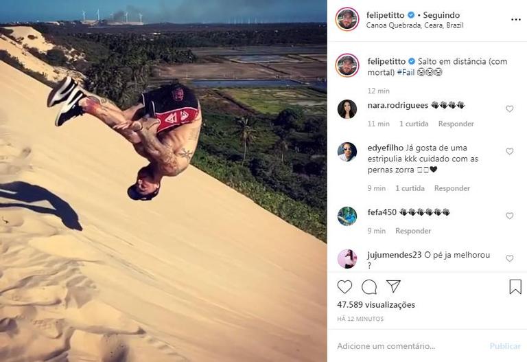 Felipe Titto dá salto mortal nas dunas e seguidores brincam