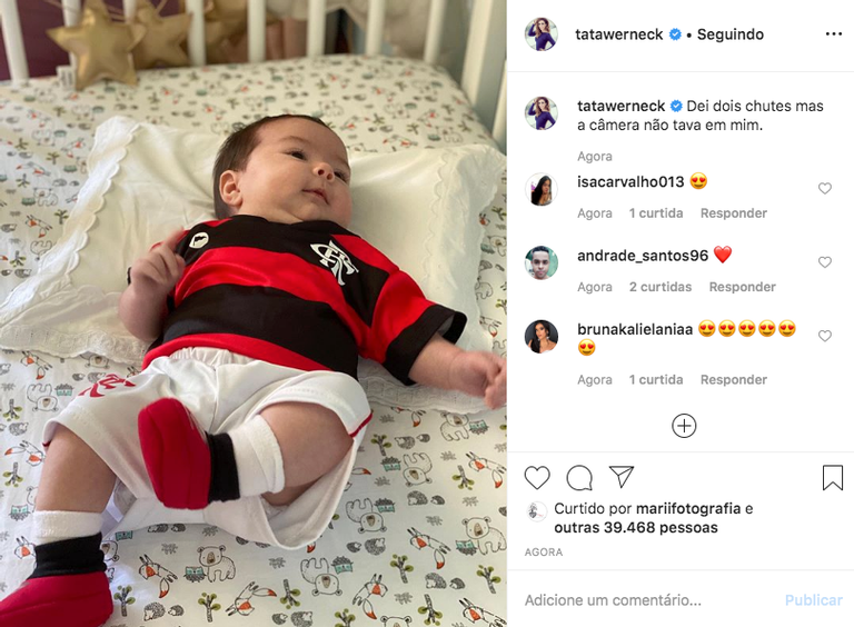Filha de Tatá Werneck surge com uniforme do Flamengo após vitória