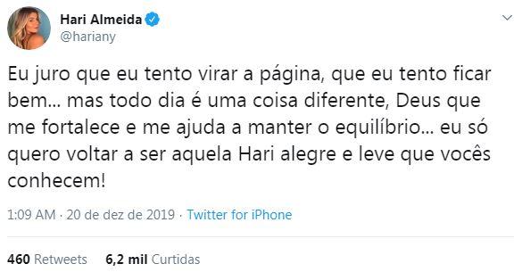Hariany Almeida desabafa no Twitter
