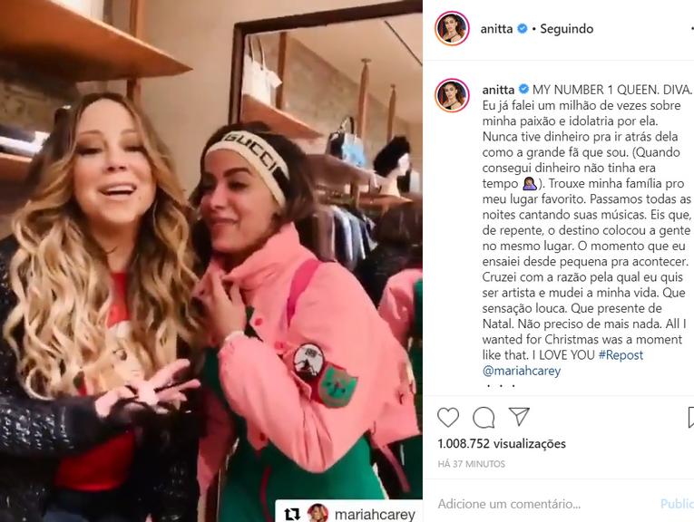 Anitta chora ao conhecer Mariah Carey durante viagem