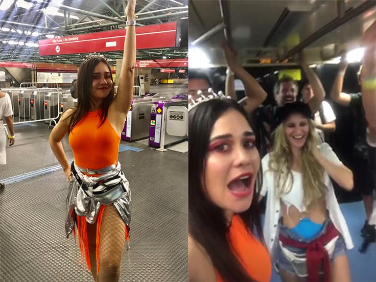 Alessandra Negrini samba no metrô de São Paulo com look justíssimo