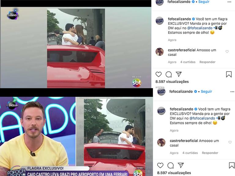 Caio Castro e Grazi Massafera são flagrados aos beijos por programa de TV