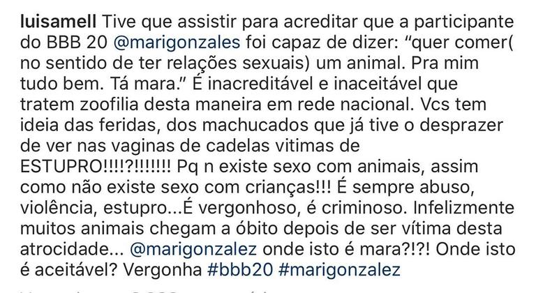 Luisa Mell rechaça declaração de Mari Gonzales no BBB 20