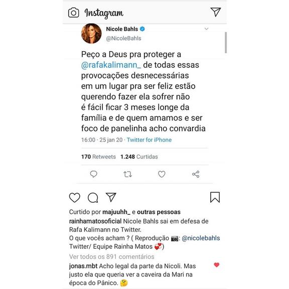 Nicole Bahls bate boca com Jonas nas redes sociais