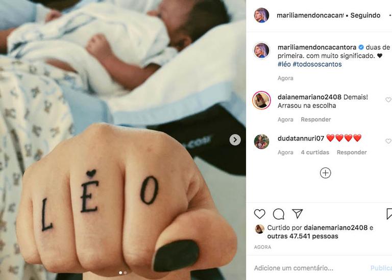 Marília Mendonça faz tatuagem com o nome do filho, Léo