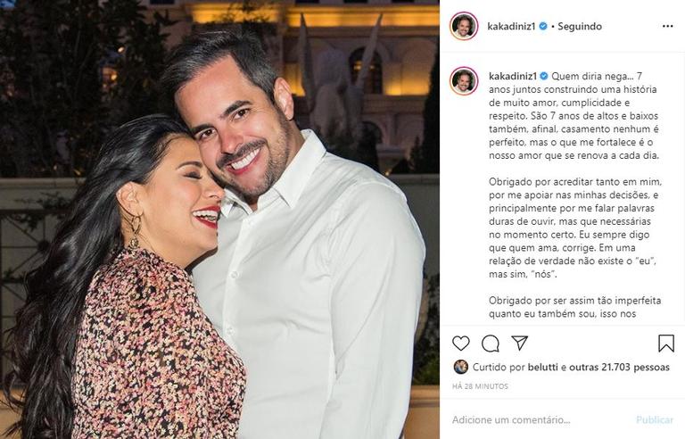 Kaká Diniz faz homenagem a Simone em aniversário de casamento