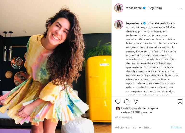 Fernanda Paes Leme anuncia alta após coronavírus