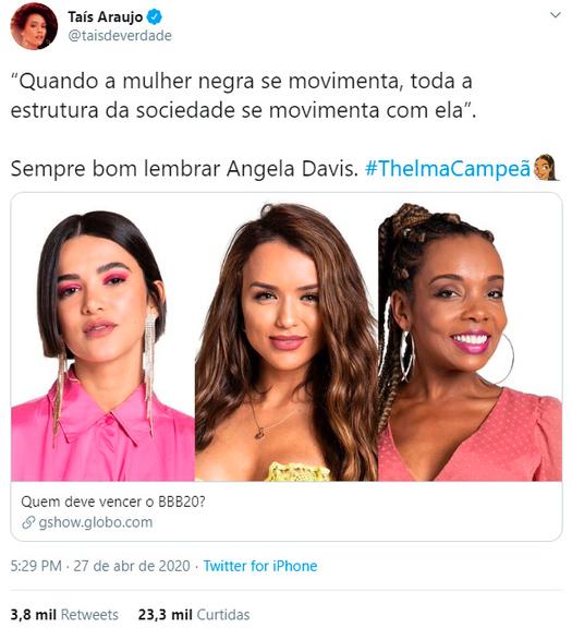 Taís Araujo declara torcida por Thelma Assis