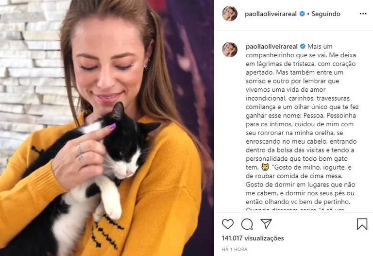 Paolla Oliveira se emociona e faz texto comovente após perder seu gato