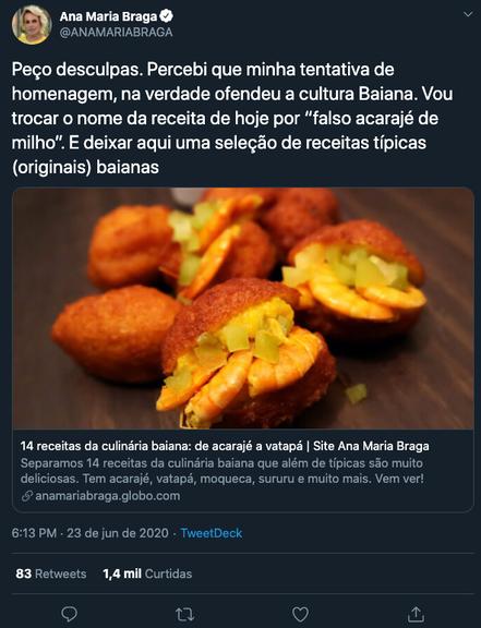 Ana Maria Braga polemiza com 'falsa' receita de acarajé