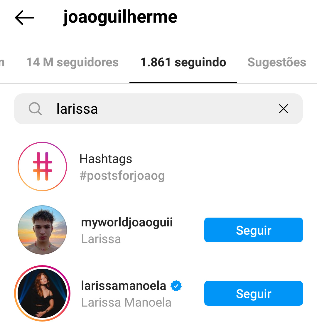 João Guilherme segue Larissa Manoela