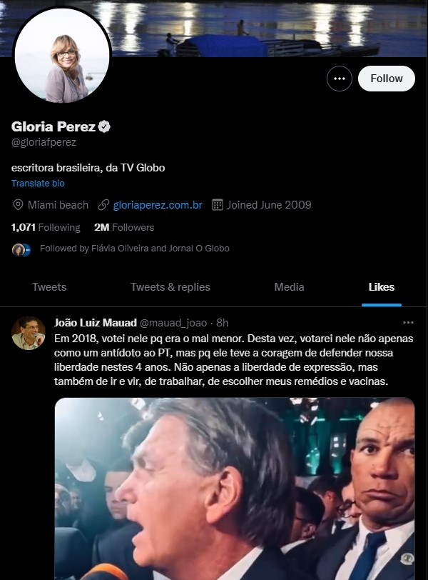 Glória Perez curtindo post a favor de Bolsonaro
